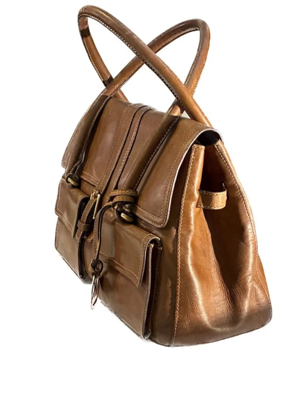 Michael Kors Cognac Brown Leather Satchel Shoulder Bag MK Charm
